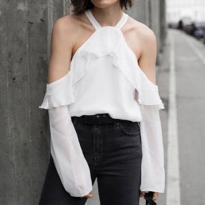Mango Cold shoulder tie neck blouse